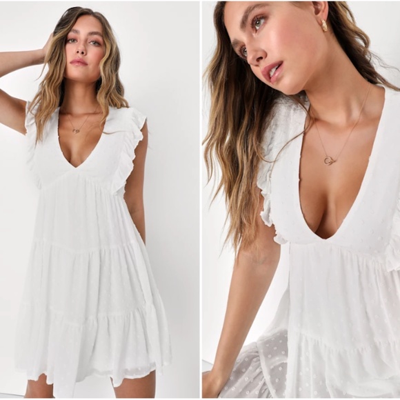 LULU's Bridal Shower Bachelorette Brunch Engagement Flowy Swiss Dot Baby Doll - Picture 5 of 6